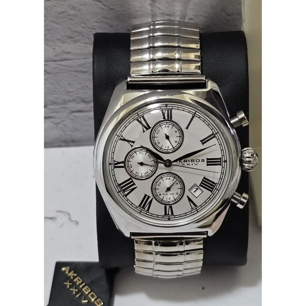Men's Akribos XXIV AK827SS Multifunction Silver Tone Expandable Bracelet Watch
